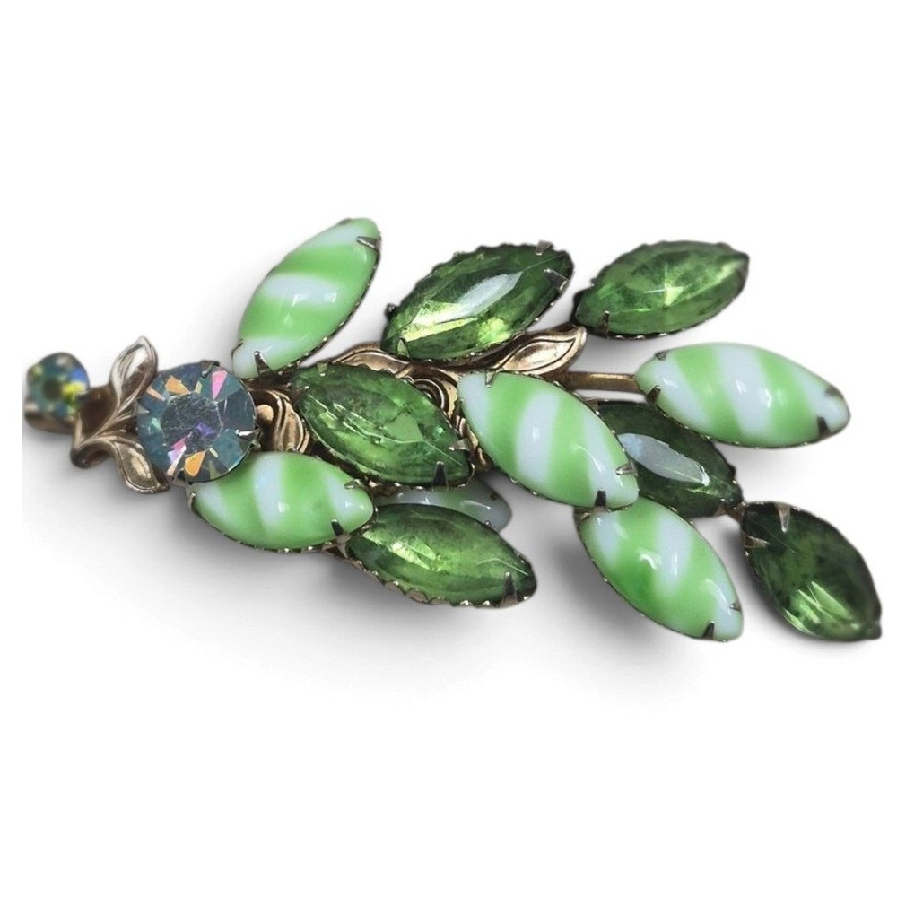 Vintage 1950s Green Striped Glass Navette Brooch Pin Aurora Borealis Juliana St